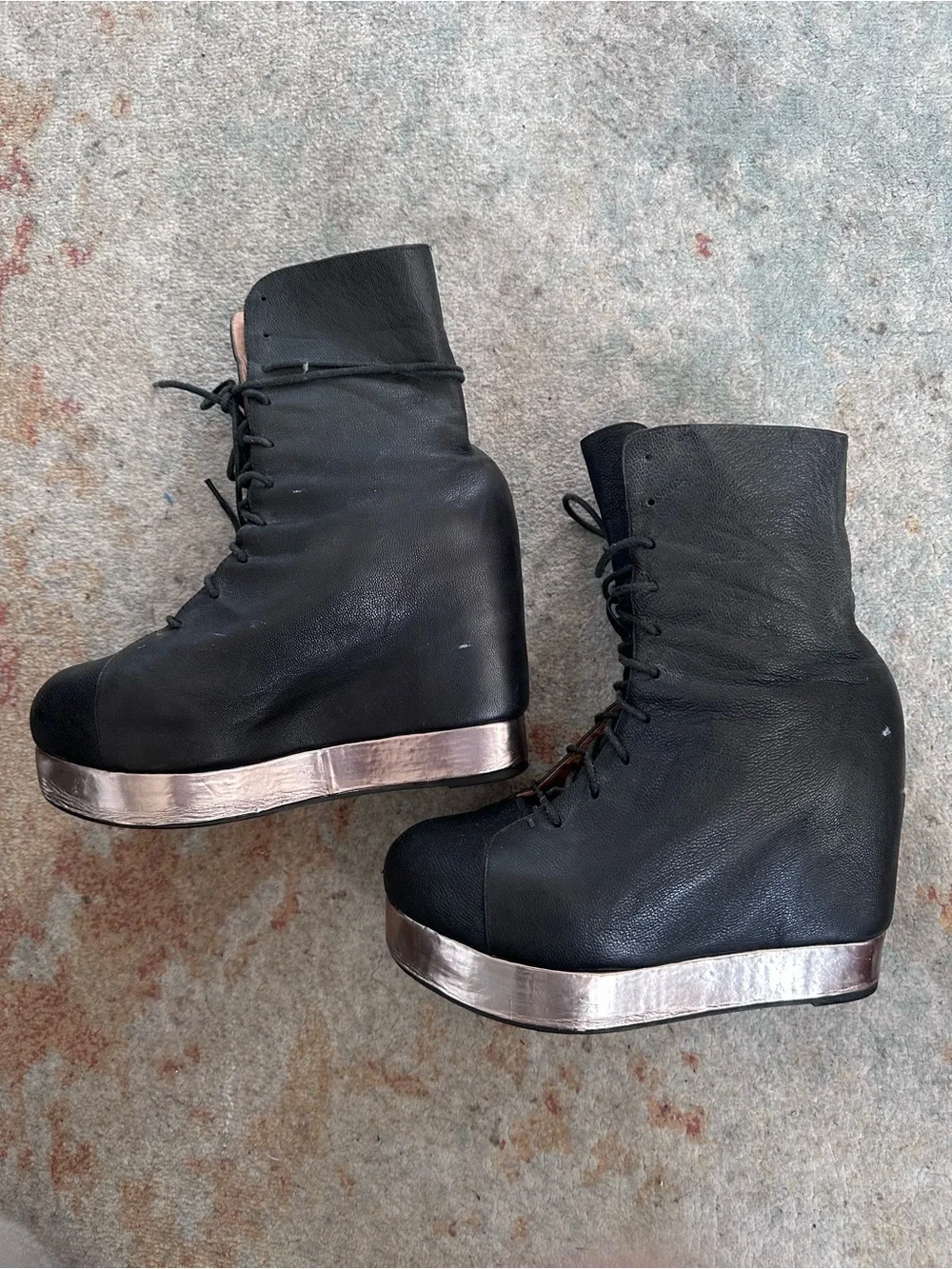 Rare Jeffrey Campbell Back Off Black Lace-Up Platform Wedge Boots Metallic Trim